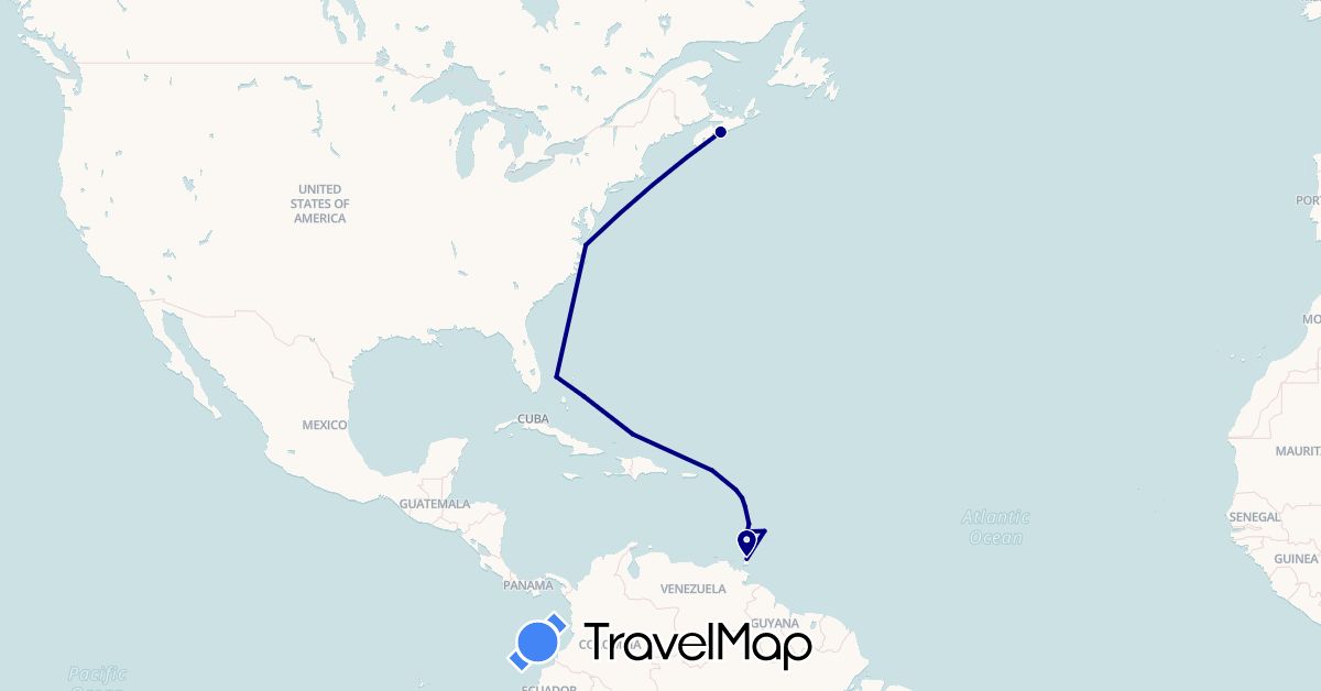 TravelMap itinerary: driving in Barbados, Bahamas, Canada, Dominica, France, Saint Lucia, Montserrat, Turks and Caicos Islands, Trinidad and Tobago, United States, Saint Vincent and the Grenadines, British Virgin Islands (Europe, North America)
